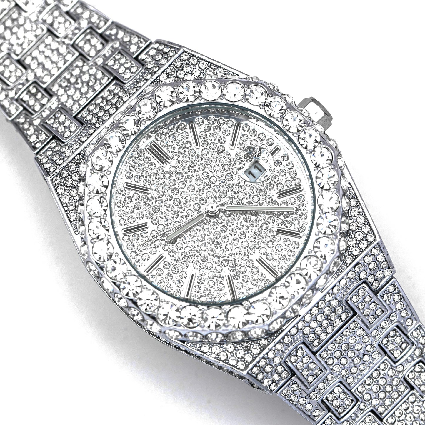 Luxury 18K White Gold Plated Full Diamond Quartz Watch