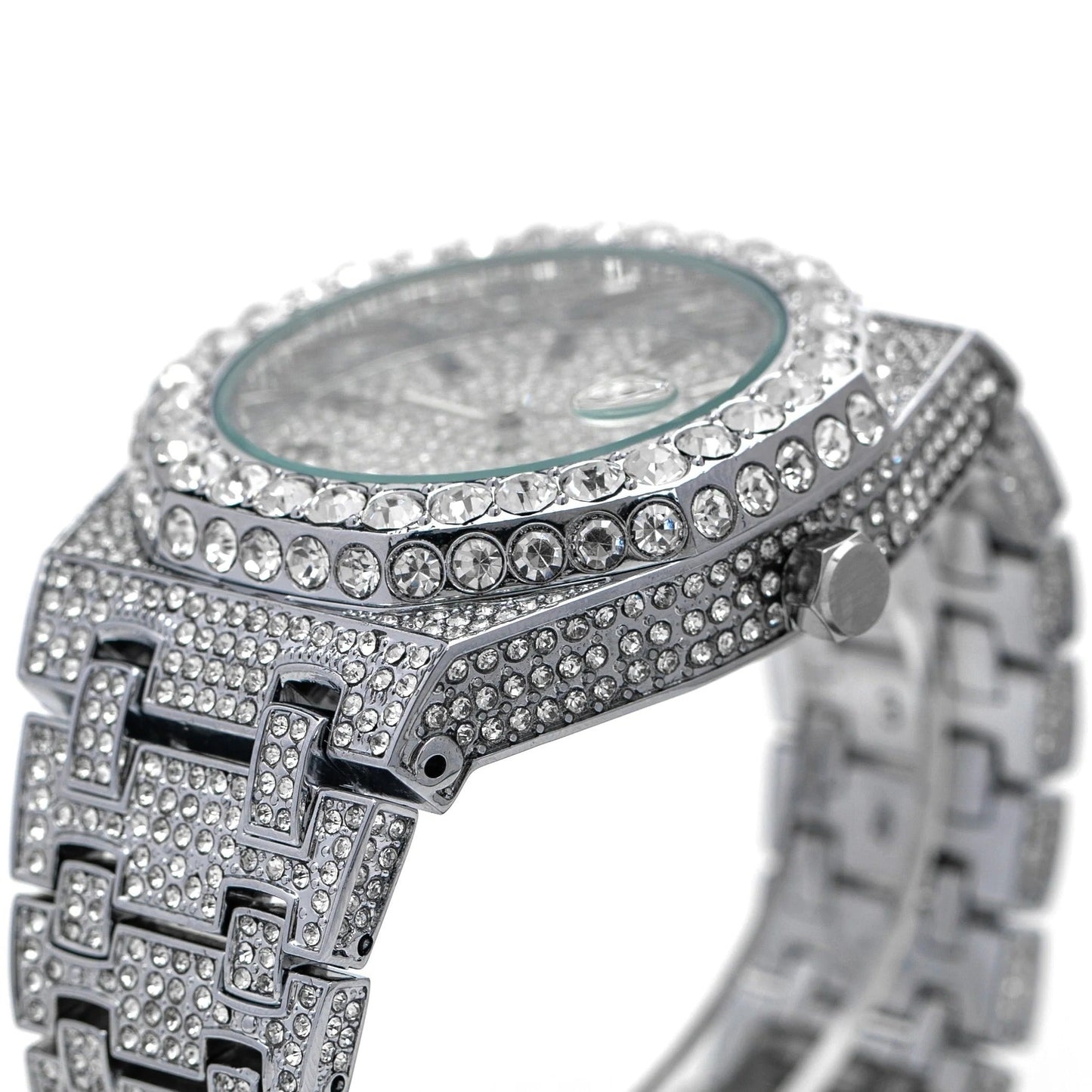 Luxury 18K White Gold Plated Full Diamond Quartz Watch